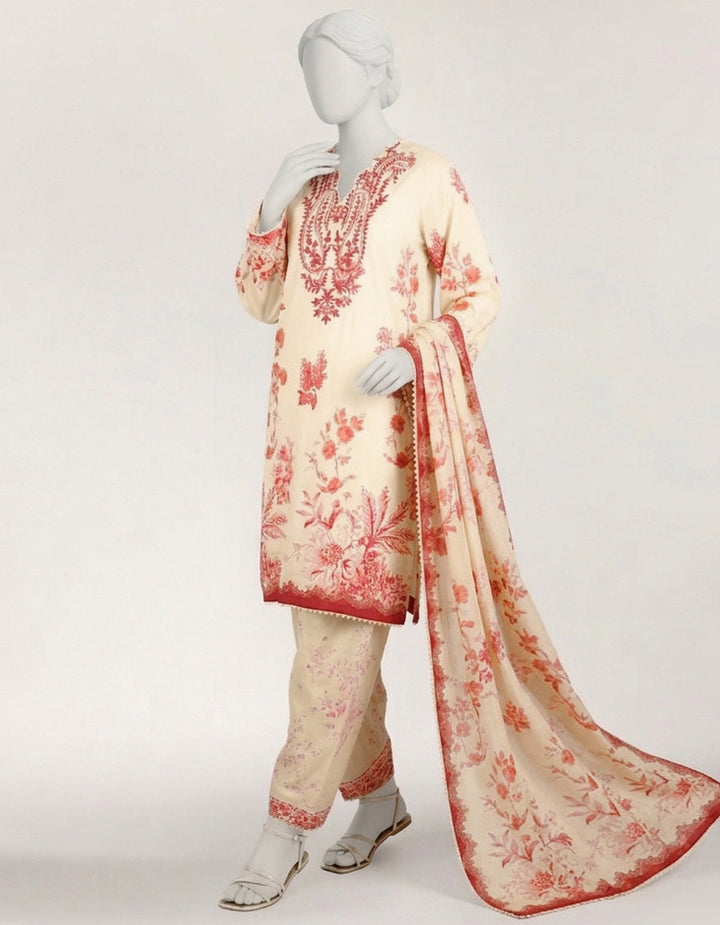 Lawn Cream Stitched Suit - J. Junaid Jamshed