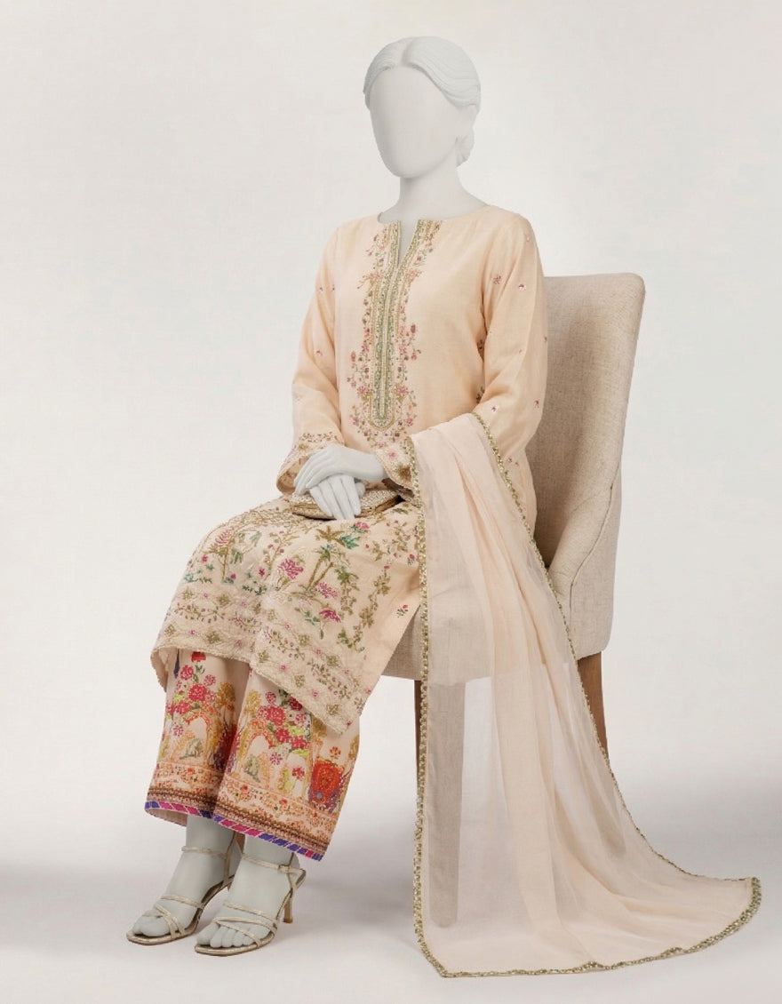 Maple Silk Cream Stitched Suit - J. Junaid Jamshed