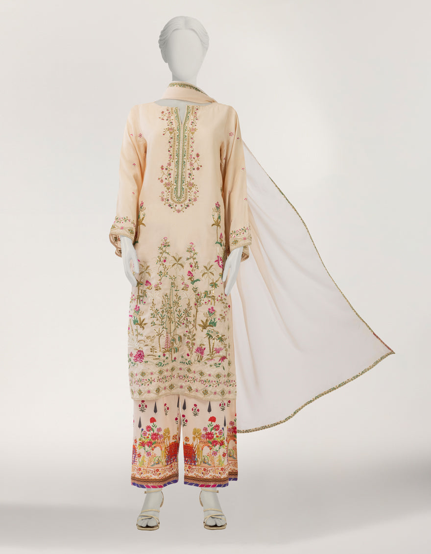 Maple Silk Cream Stitched Suit - J. Junaid Jamshed