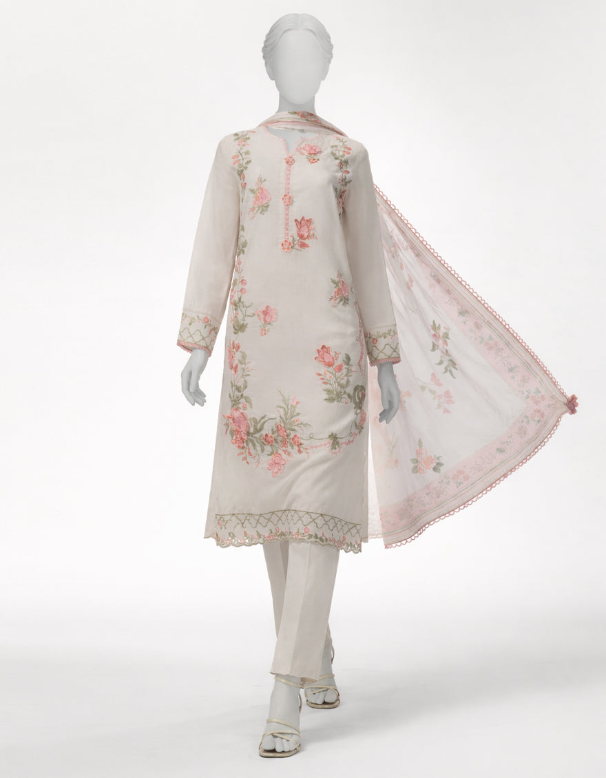 Jacquard Off White Stitched Suit - J. Junaid Jamshed