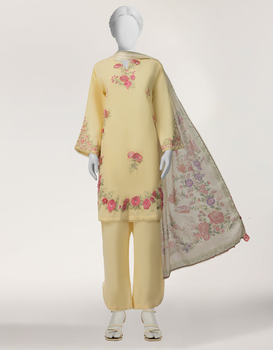 Jacquard Yellow Stitched Suit - J. Junaid Jamshed