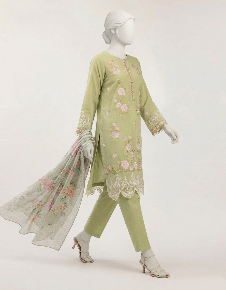 Lawn Green Stitched Suit - J. Junaid Jamshed