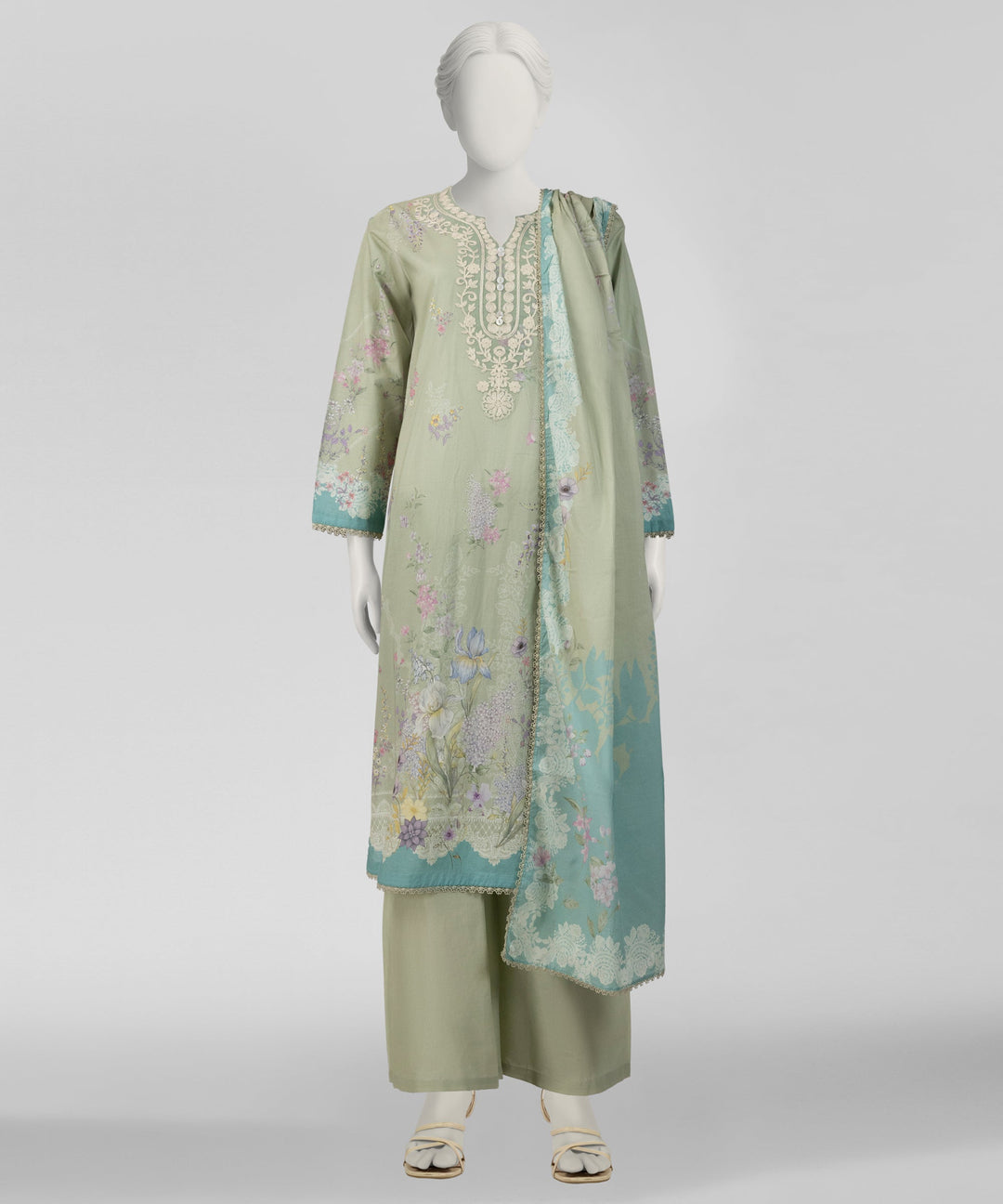Lawn Green Stitched Suit - J. Junaid Jamshed