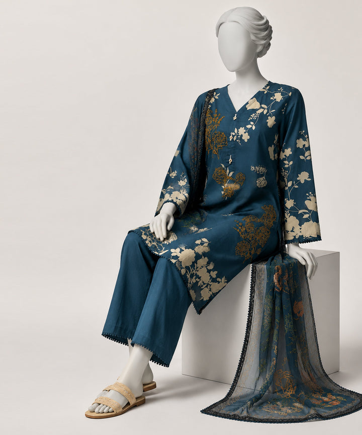 Lawn Blue Stitched Suit - J. Junaid Jamshed