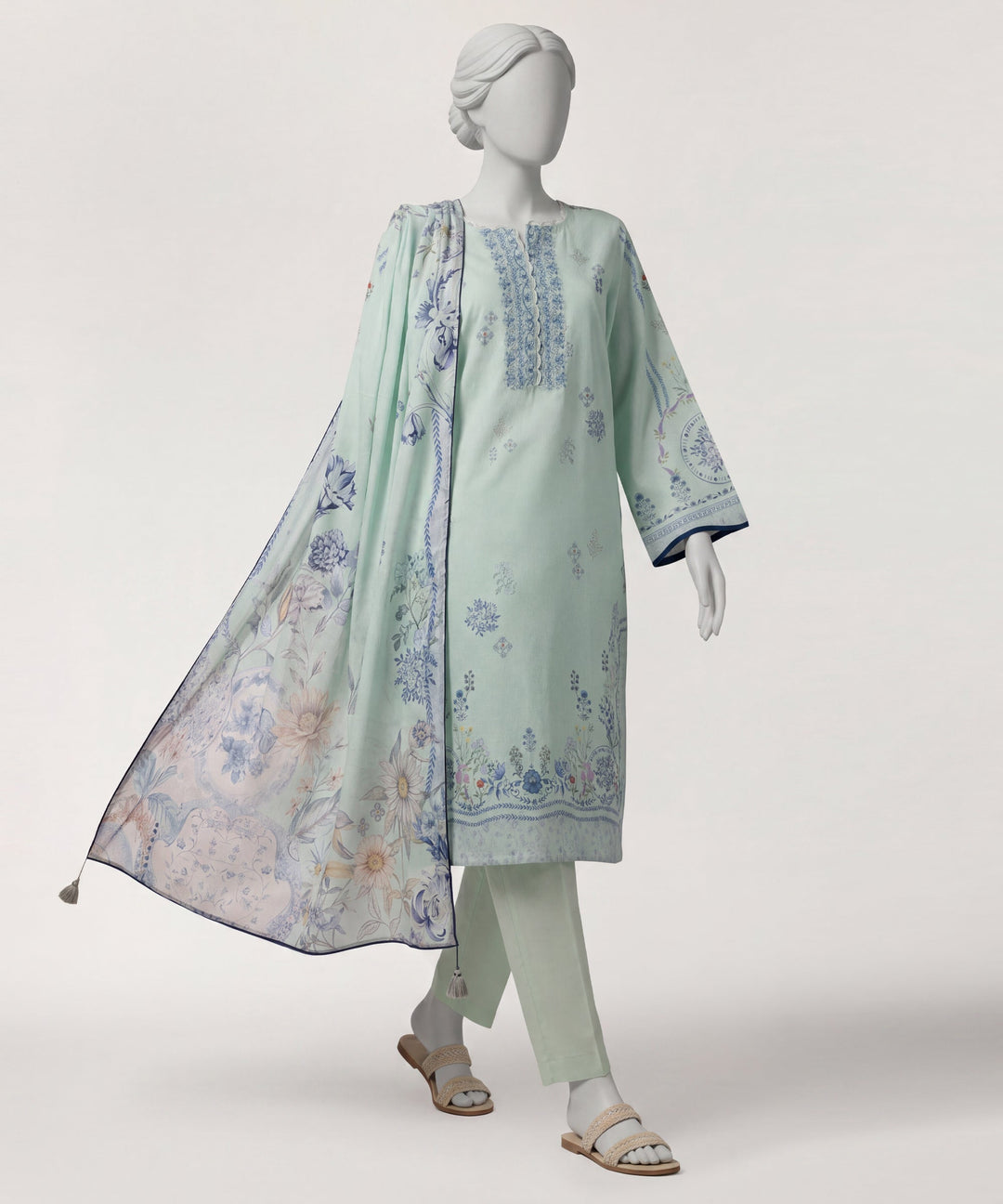 Dobby Sea Green Stitched Suit - J. Junaid Jamshed