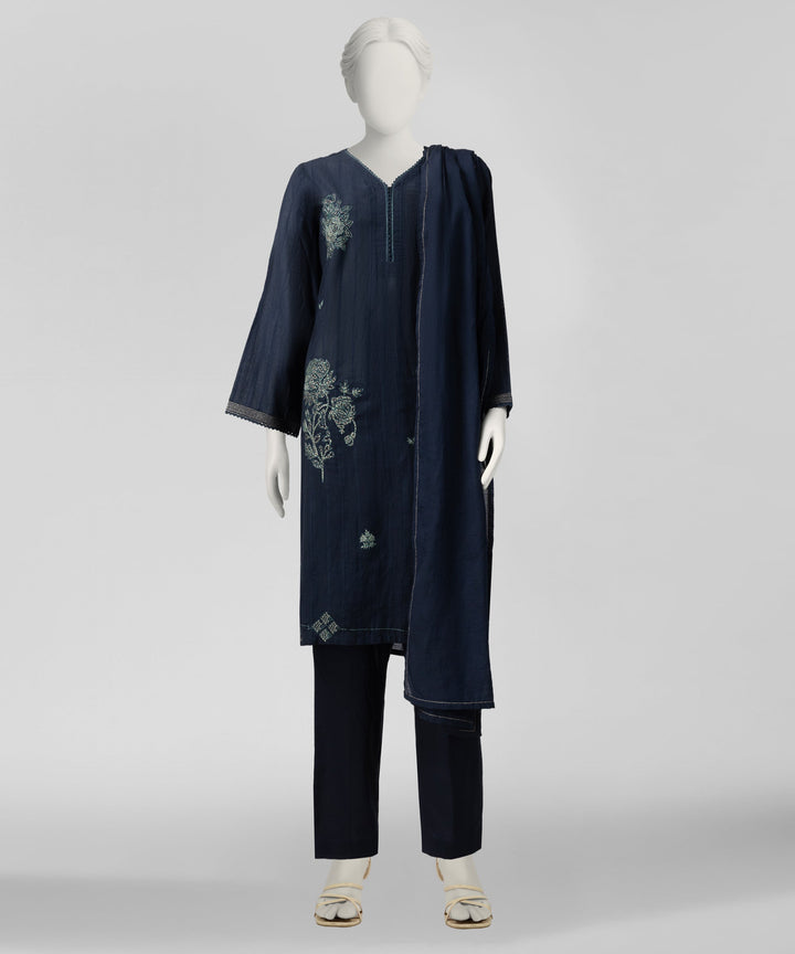 Dobby Blue Stitched Suit - J. Junaid Jamshed