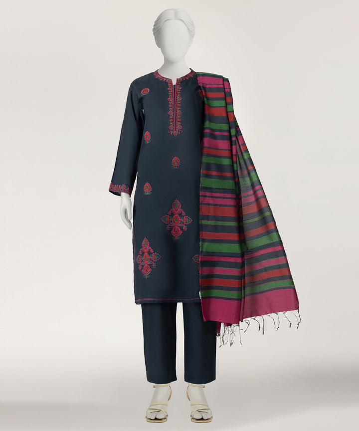 Jacquard Dark Blue Stitched Suit - J. Junaid Jamshed