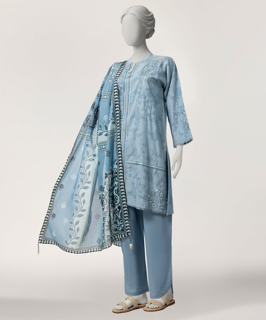 Jacquard Blue Stitched Suit - J. Junaid Jamshed