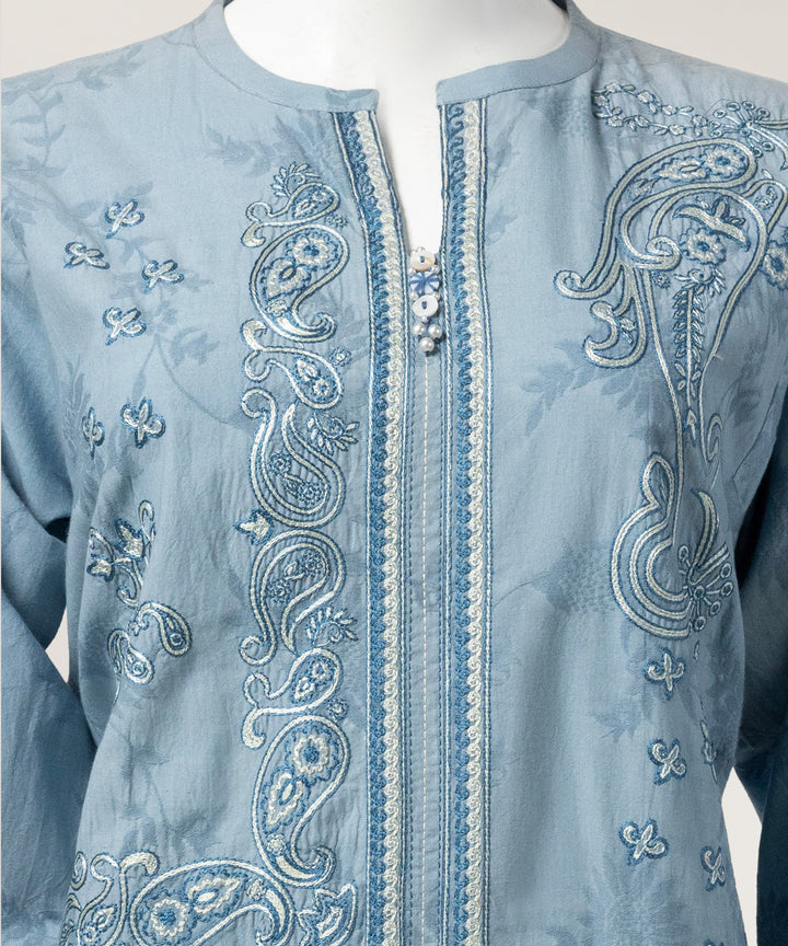 Jacquard Blue Stitched Suit - J. Junaid Jamshed