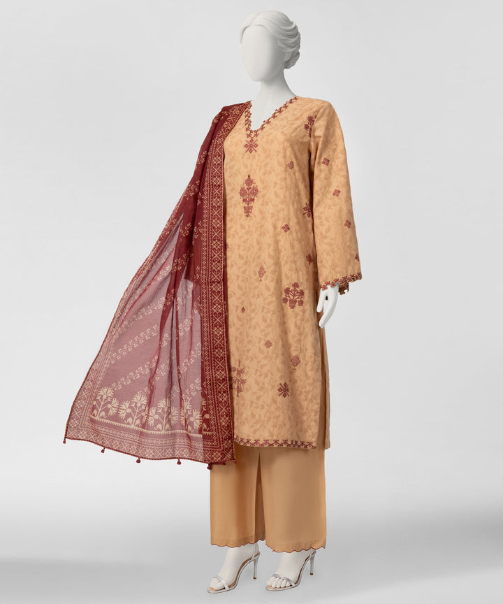Jacquard Coffee Stitched Suit - J. Junaid Jamshed
