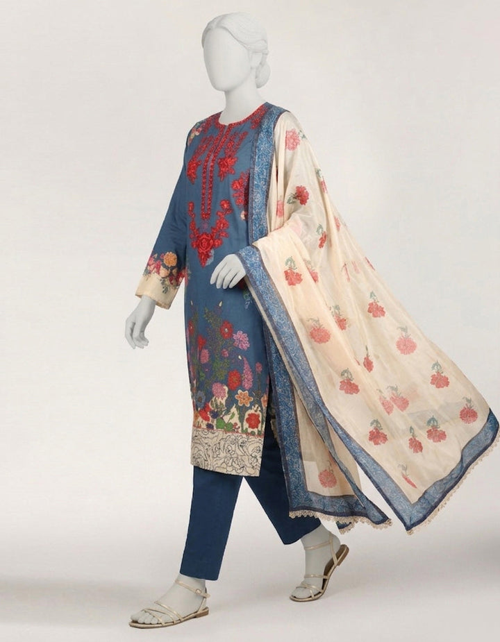 Lawn Blue Stitched Suit - J. Junaid Jamshed