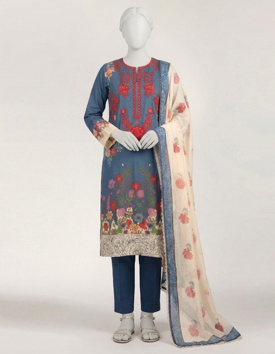 Lawn Blue Stitched Suit - J. Junaid Jamshed