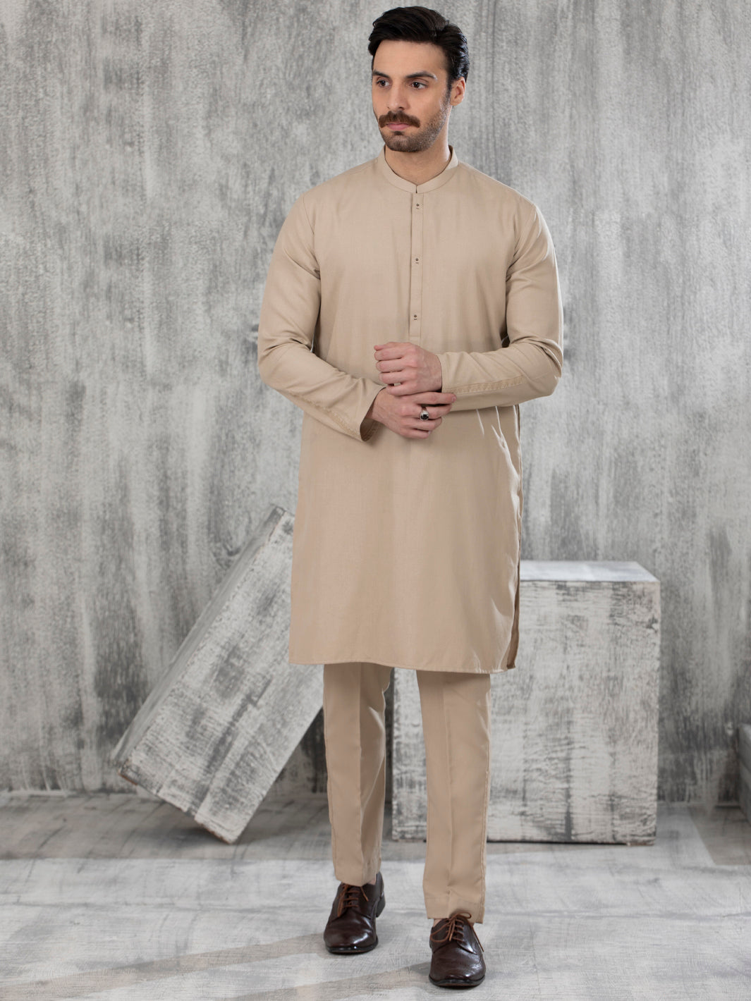 Polyester Viscose Beige Shalwar Kameez - Almirah