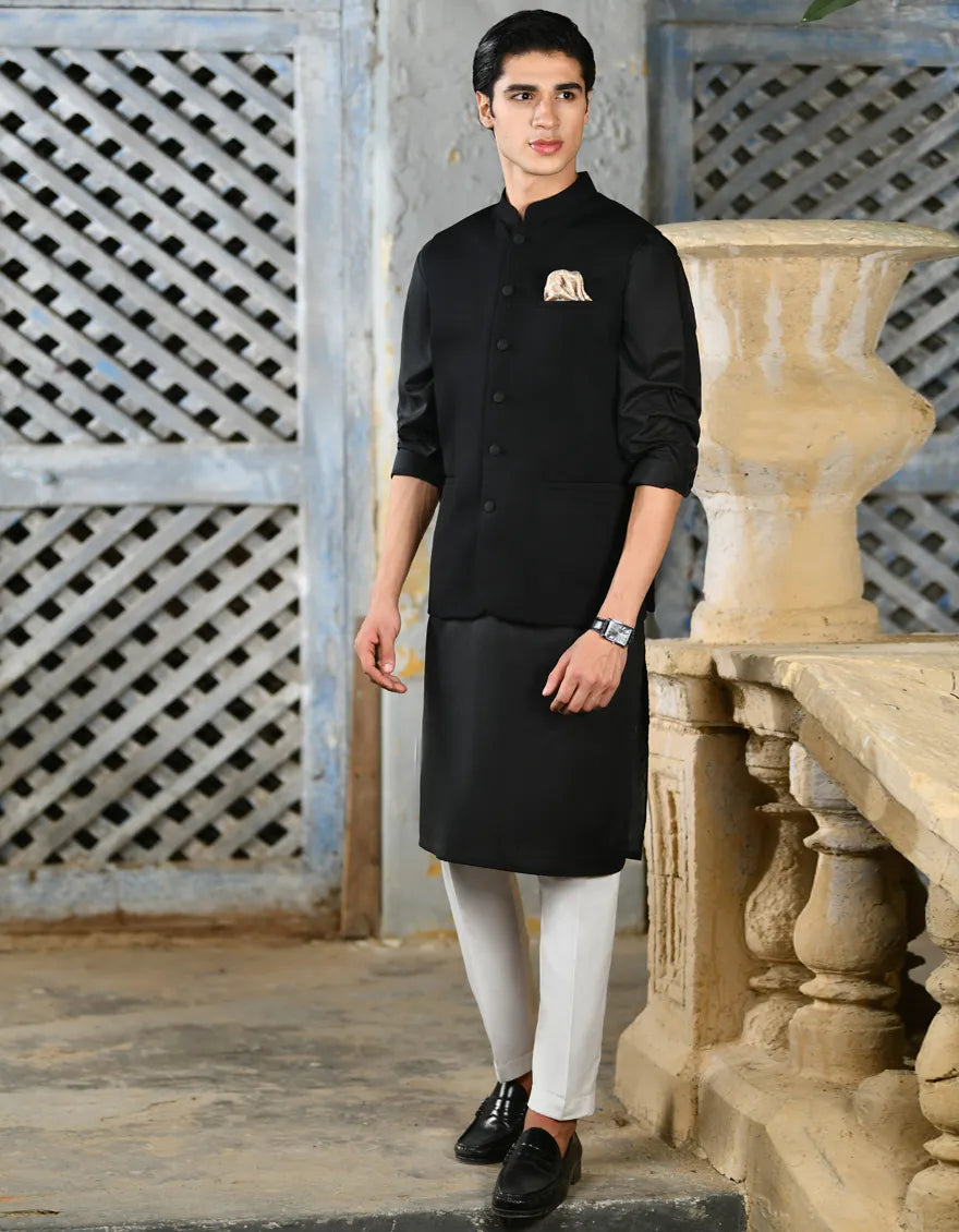 Suiting Black Waist Coat - J. Junaid Jamshed