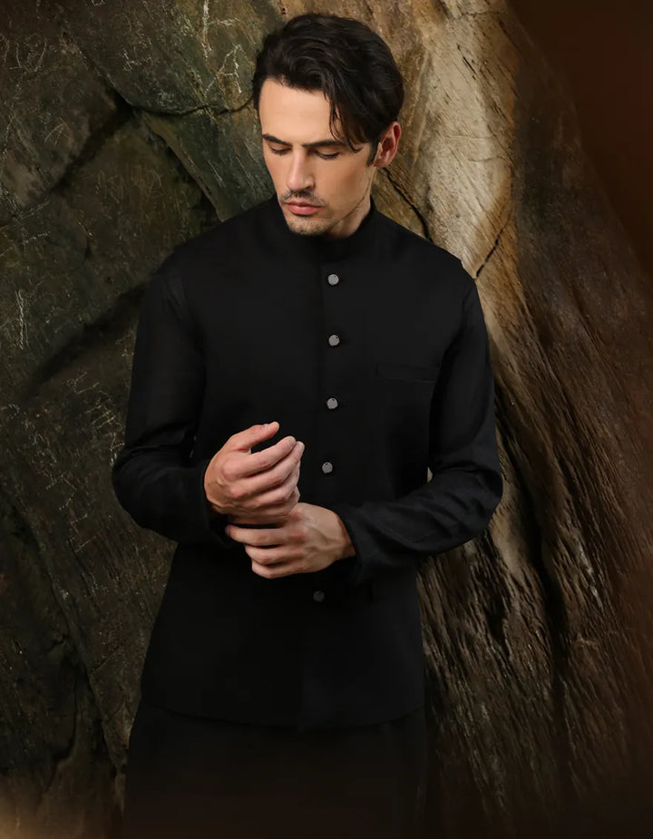Blended Black Waist Coat - J. Junaid Jamshed