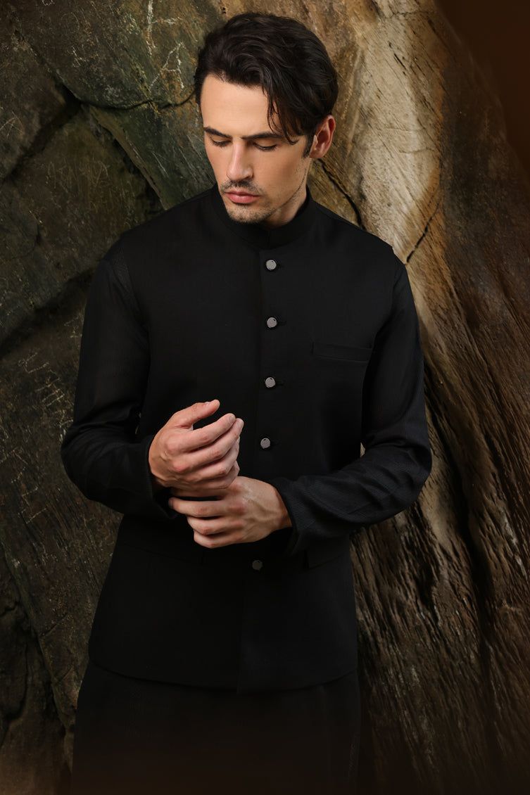 Suiting Black Waist Coat - J. Junaid Jamshed