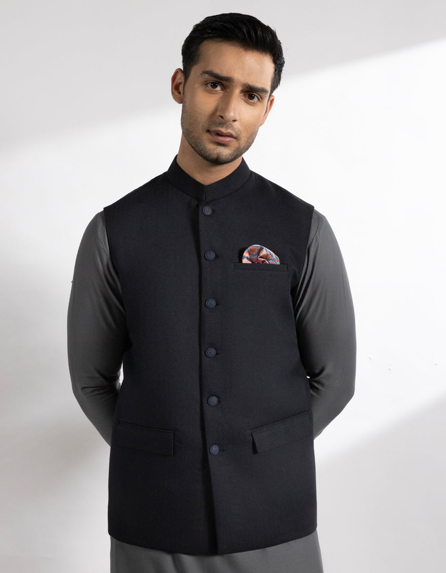 Suiting Navy Blue Waist Coat - J. Junaid Jamshed