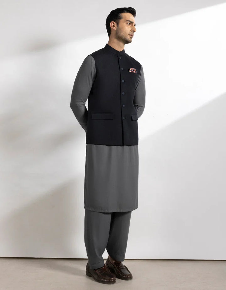 Blended Navy Blue Waist Coat - J. Junaid Jamshed