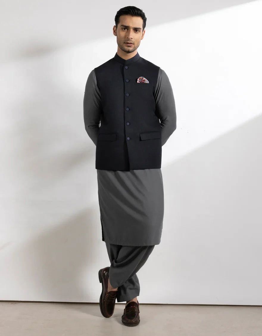 Blended Navy Blue Waist Coat - J. Junaid Jamshed