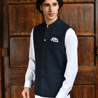 Blended Navy Blue Waist Coat - J. Junaid Jamshed