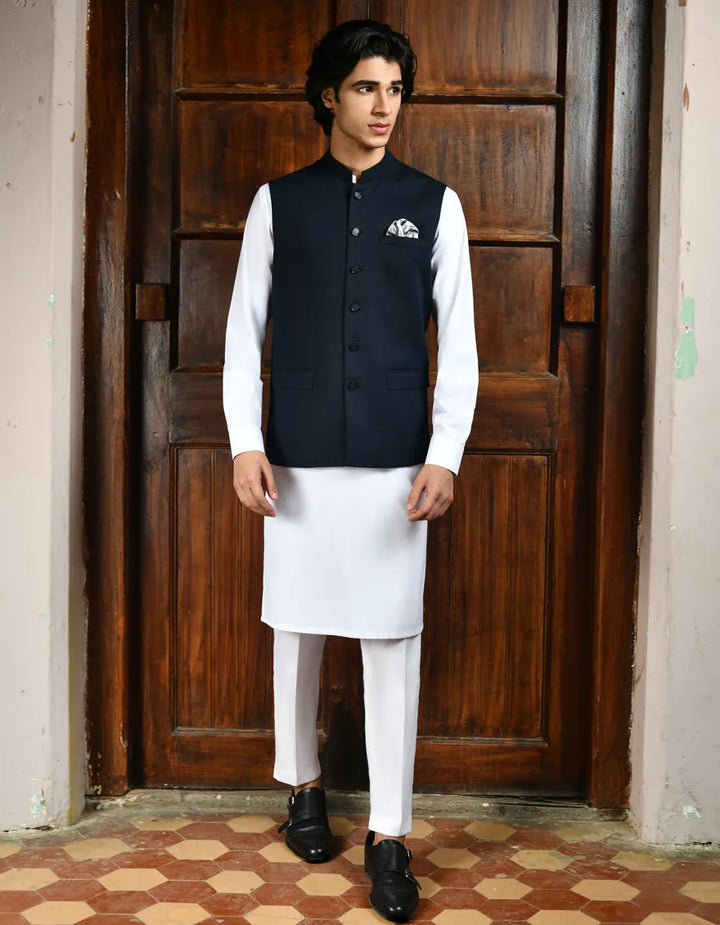 Blended Navy Blue Waist Coat - J. Junaid Jamshed