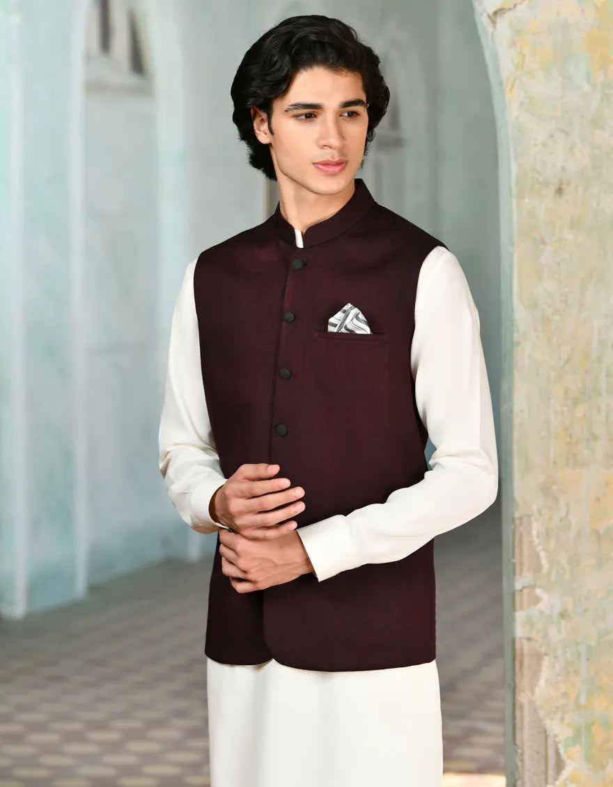 Suiting Maroon Waist Coat - J. Junaid Jamshed