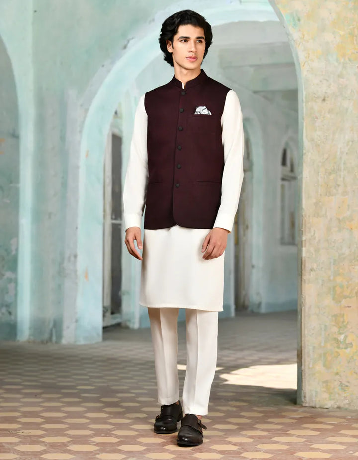 Suiting Maroon Waist Coat - J. Junaid Jamshed