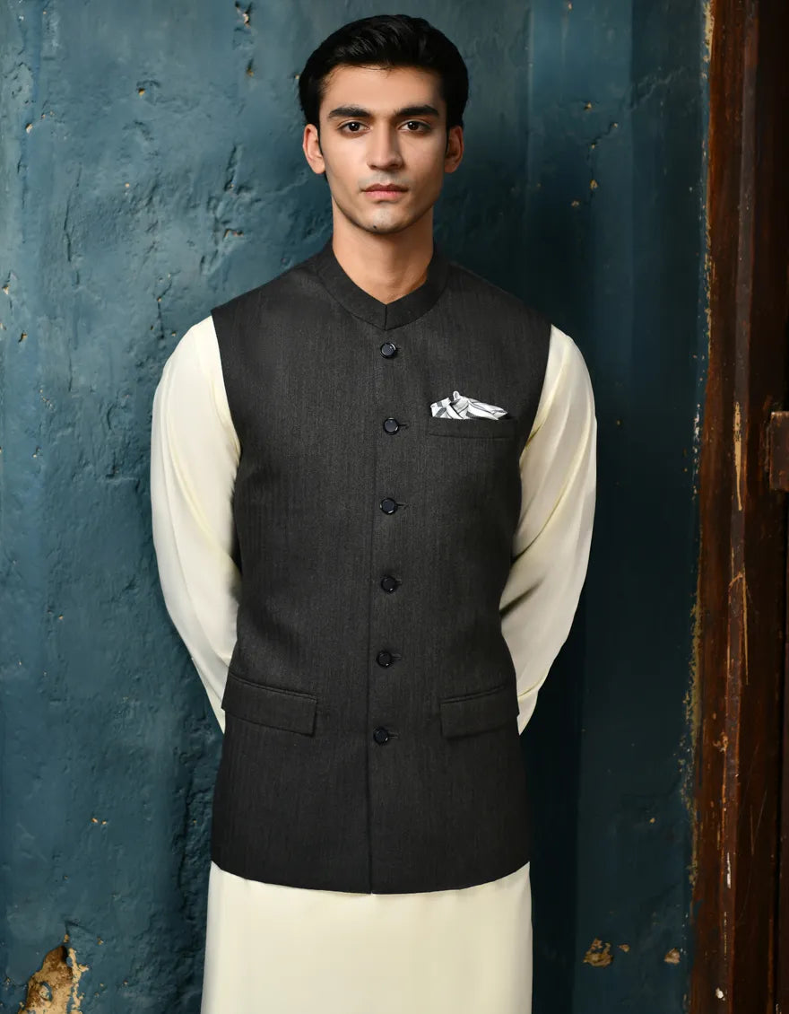 Suiting Charcoal Grey Waist Coat - J. Junaid Jamshed