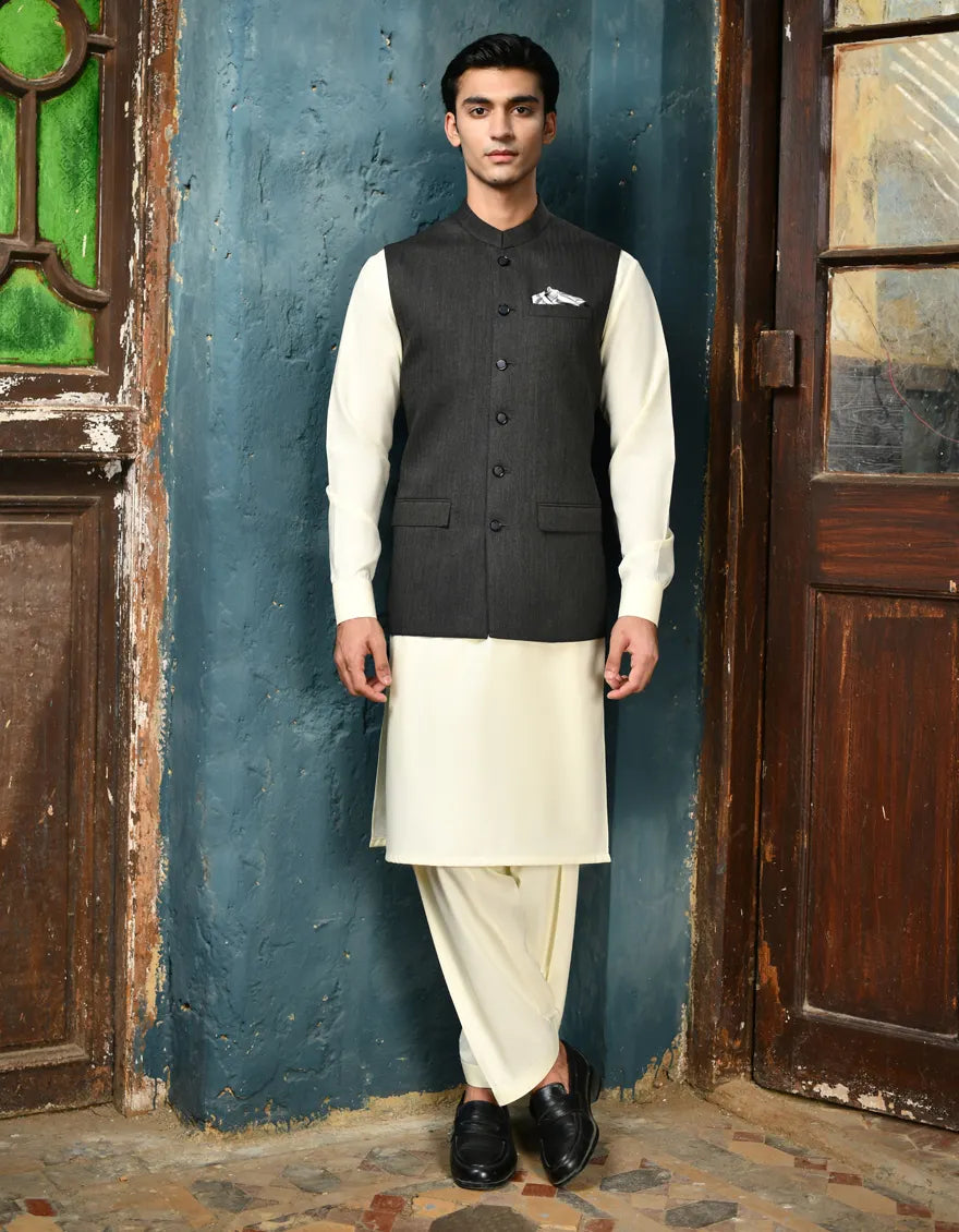 Suiting Dark Grey Waist Coat - J. Junaid Jamshed