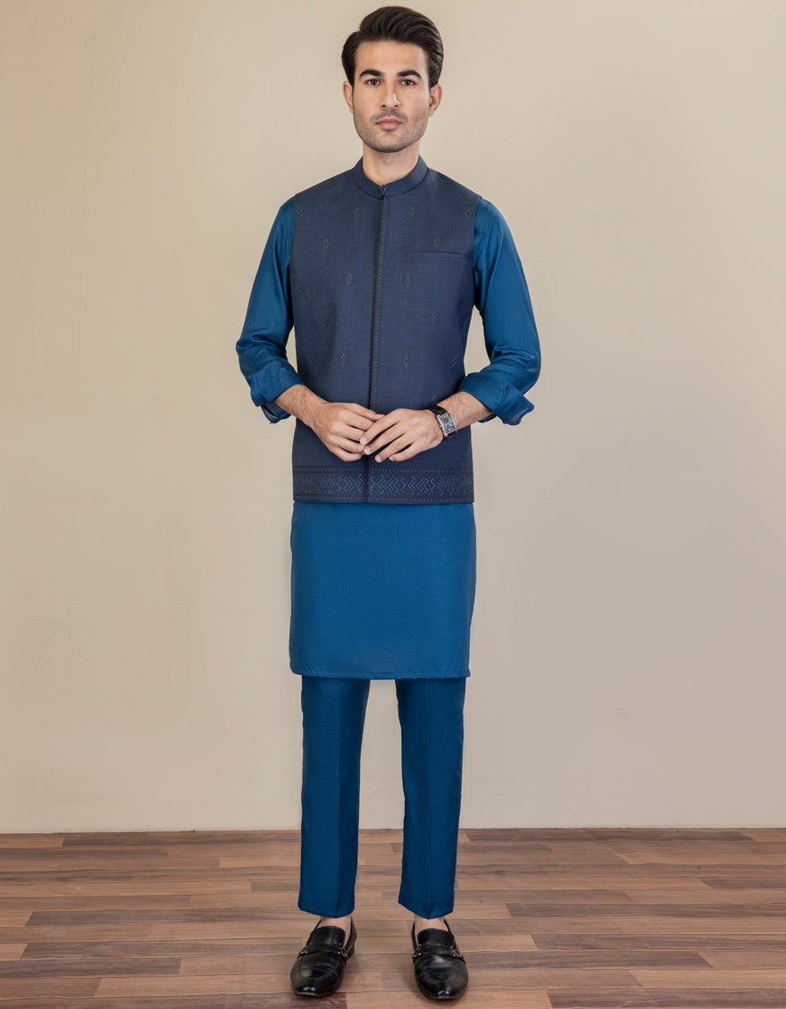 Blended Navy Blue Waist Coat - J. Junaid Jamshed