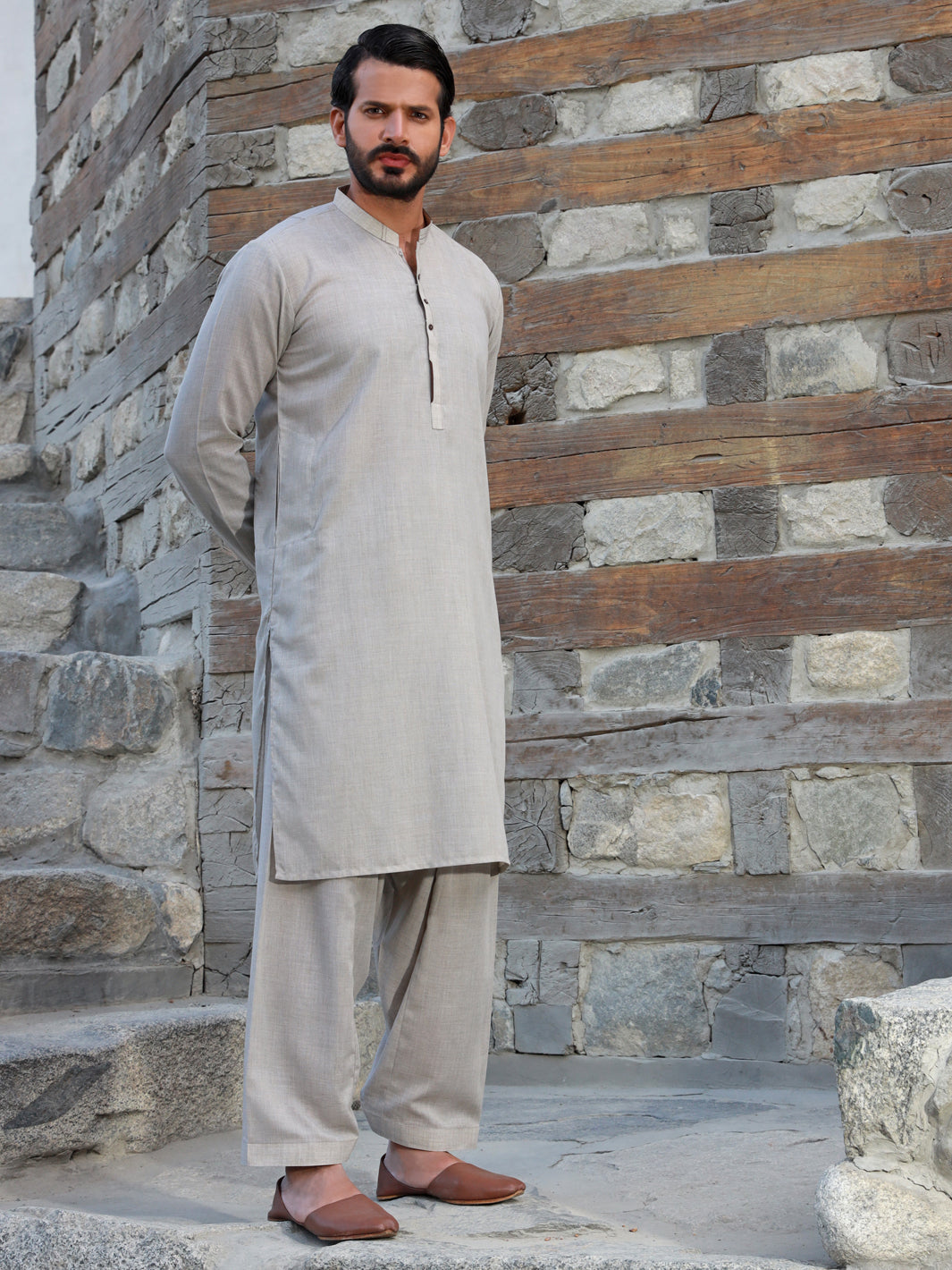 Polyester Viscose Light Grey Shalwar Kameez - Almirah