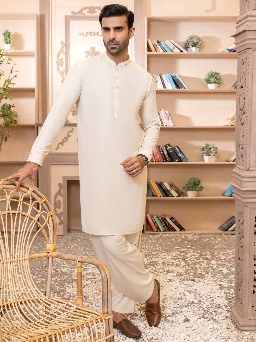 Polyester Viscose Cream Shalwar Kameez - Almirah