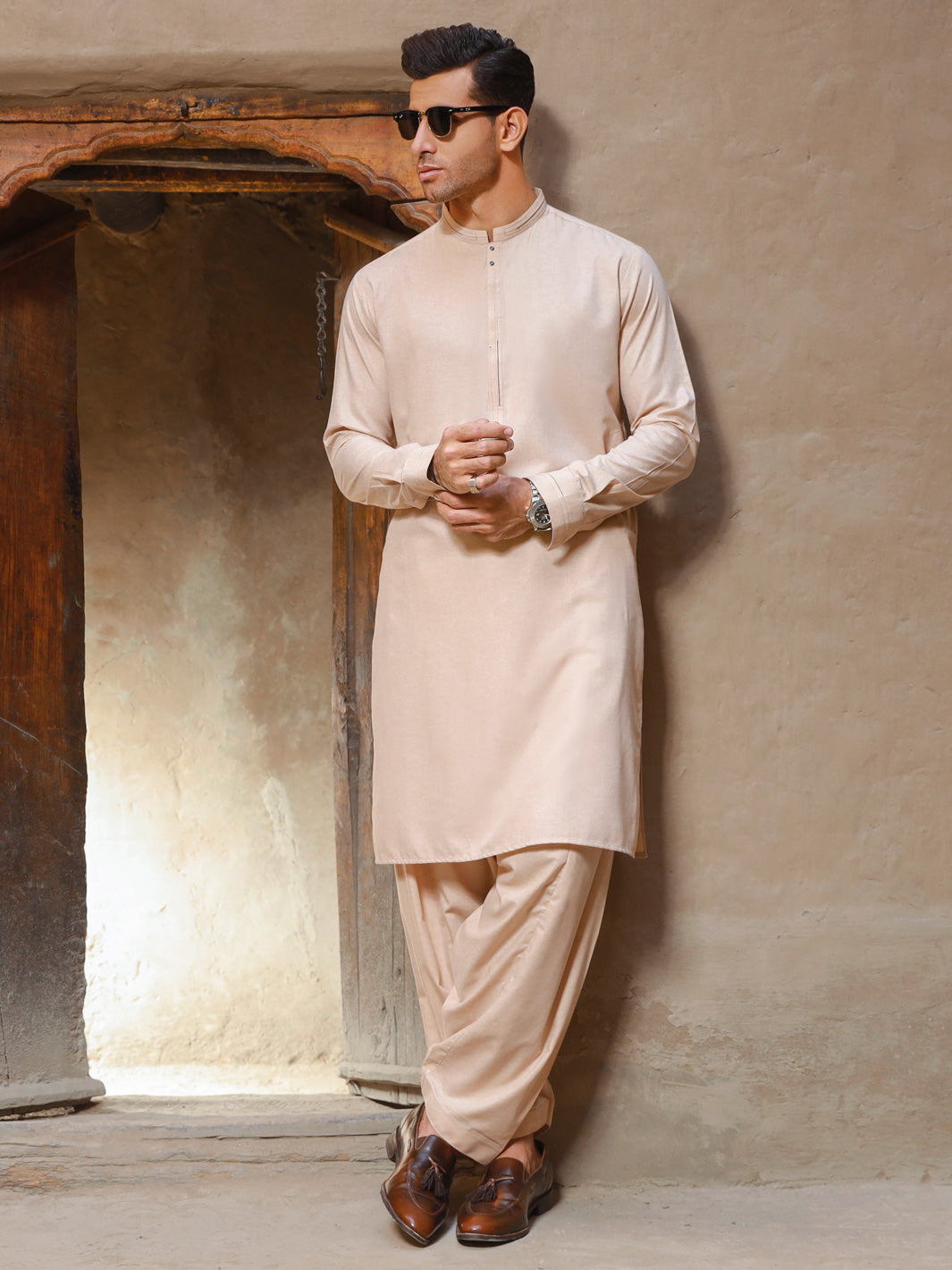 Polyester Viscose Beige Shalwar Kameez - Almirah