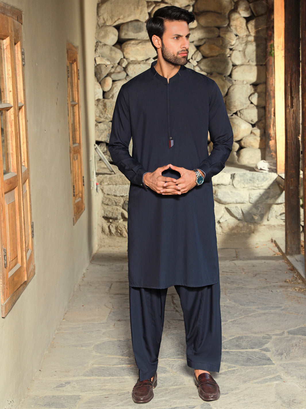 Polyester Viscose Navy Blue Shalwar Kameez - Almirah