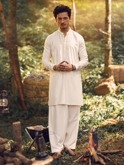 Polyester Viscose Off White Shalwar Kameez - Almirah