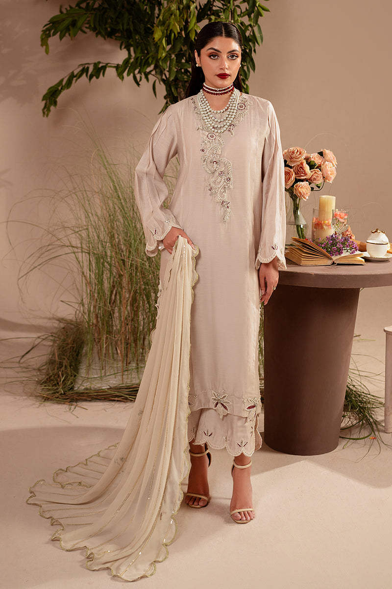 Resham Silk & Chiffon Beige Stitched Suit - Vanya