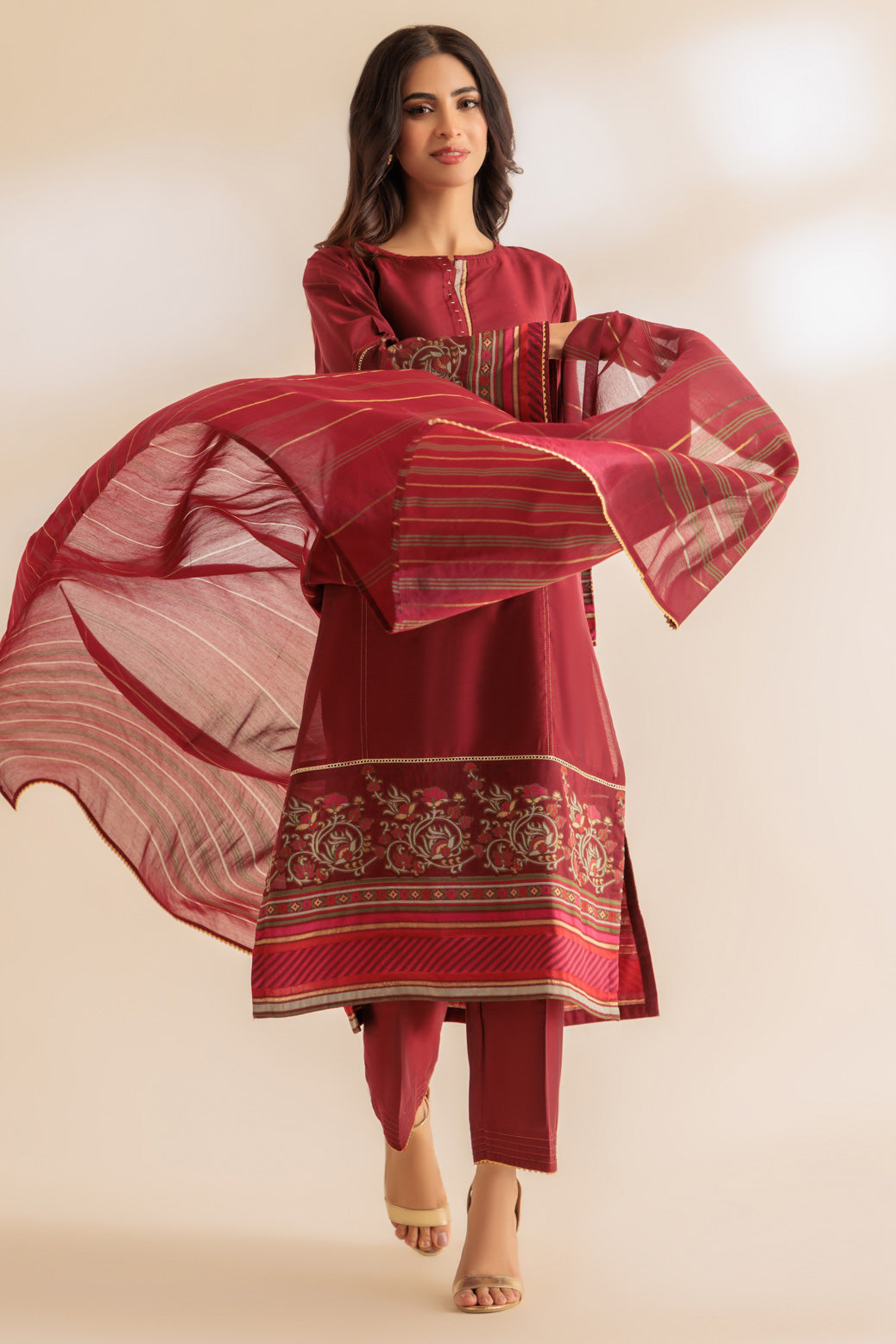 Jacquard Maroon Stitched Suit - Bonanza