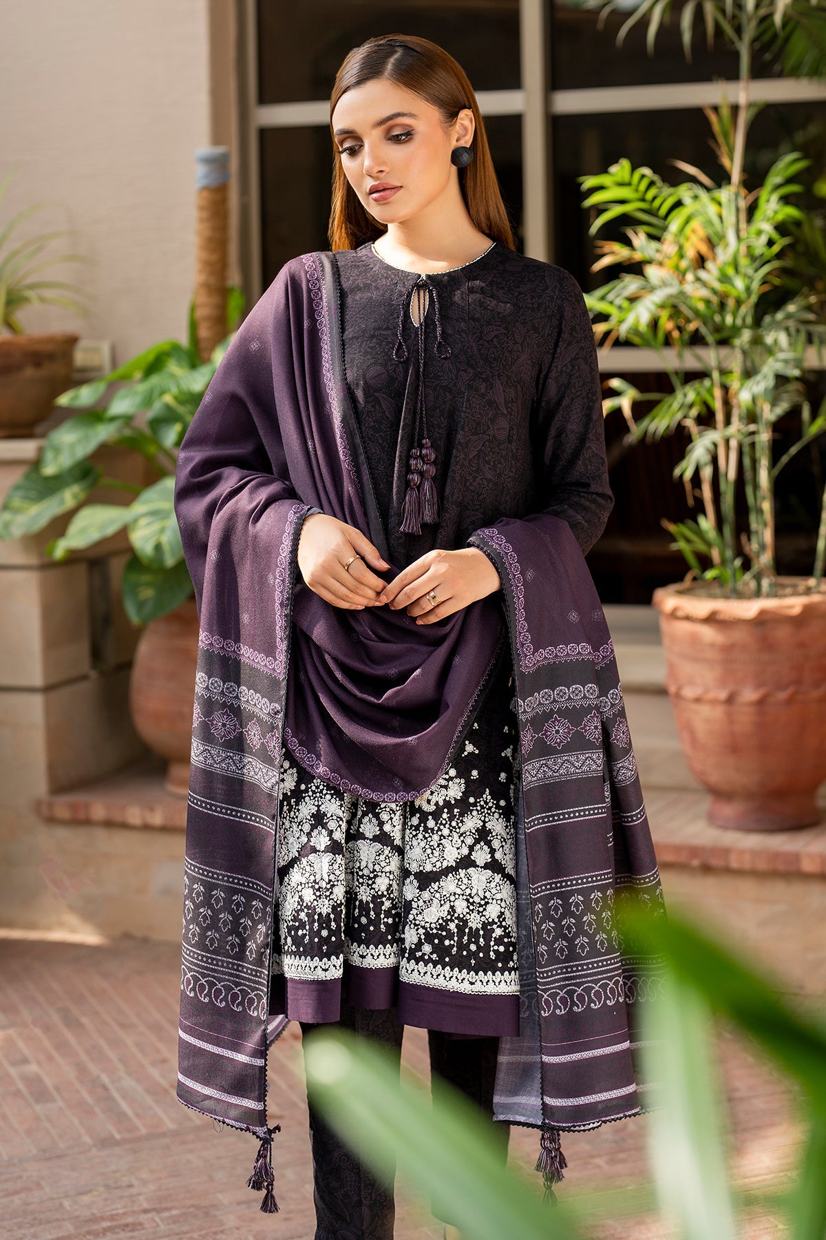 Embroidered Khaddar Dark Purple Stitched Suit - Jazmin