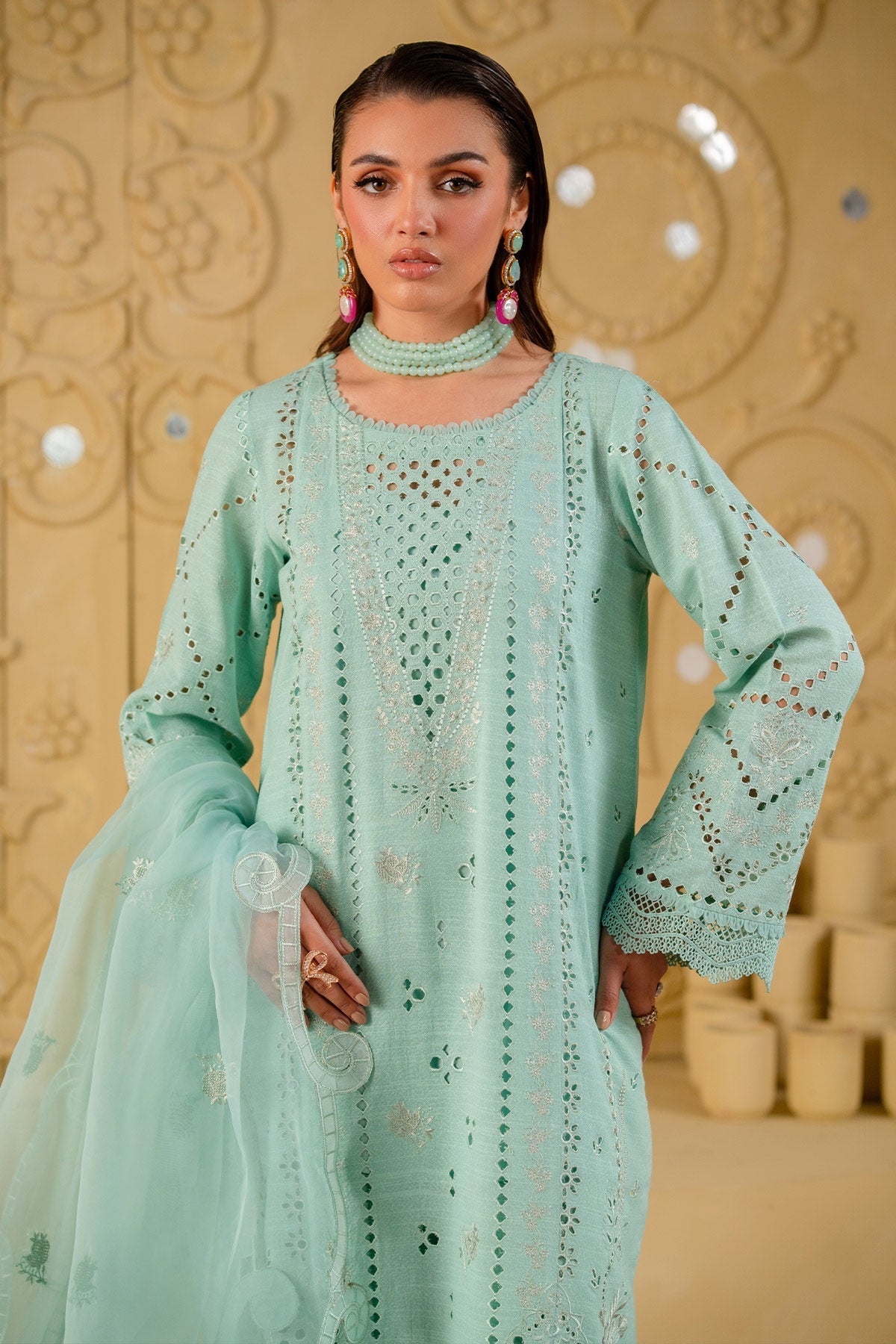 Embroidered Karandi Cyan Stitched Suit - Nureh