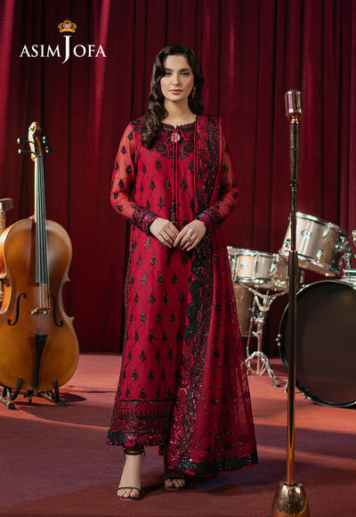 Embroidered Chiffon Red Stitched Suit - Asim Jofa