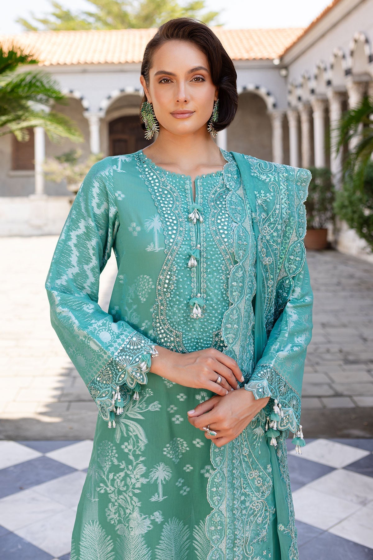 Embroidered Lawn Jacquard Light Green Stitched Suit - Nureh