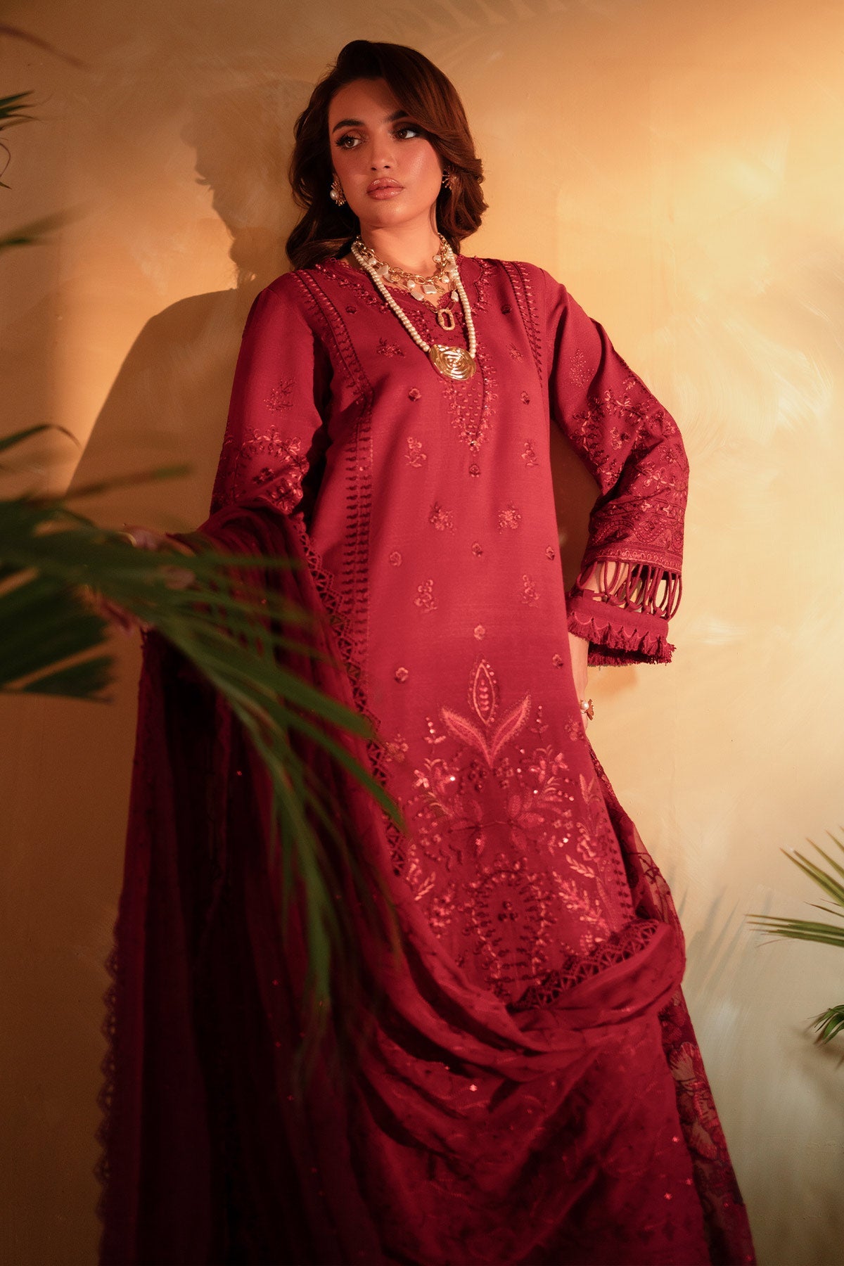 Embroidered Karandi Red Stitched Suit - Nureh