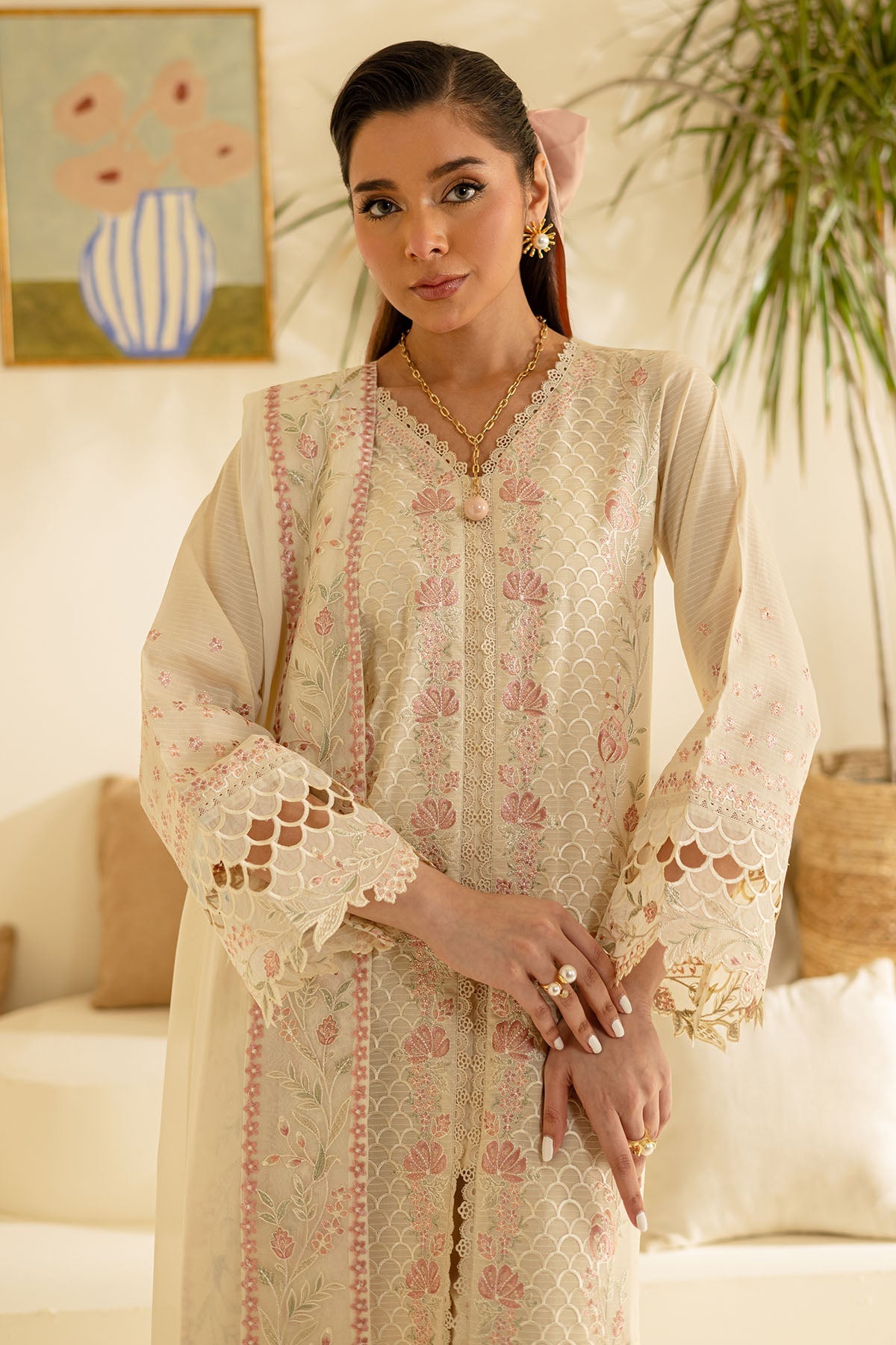 Dorya Lawn Cream Stitched Suit - Nureh