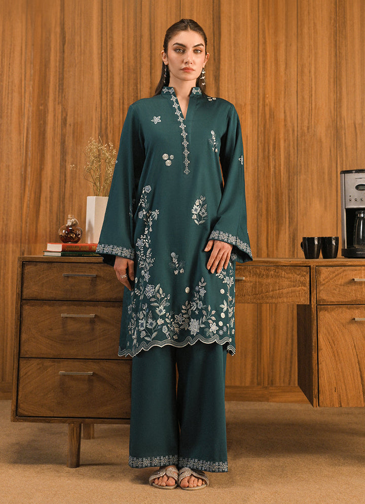 Cotton Satin Teal Green Stitched Suit - Image