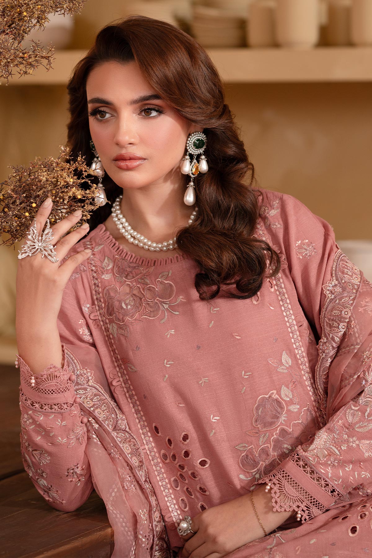 Embroidered Laser Cut Karandi Peach Stitched Suit - Nureh