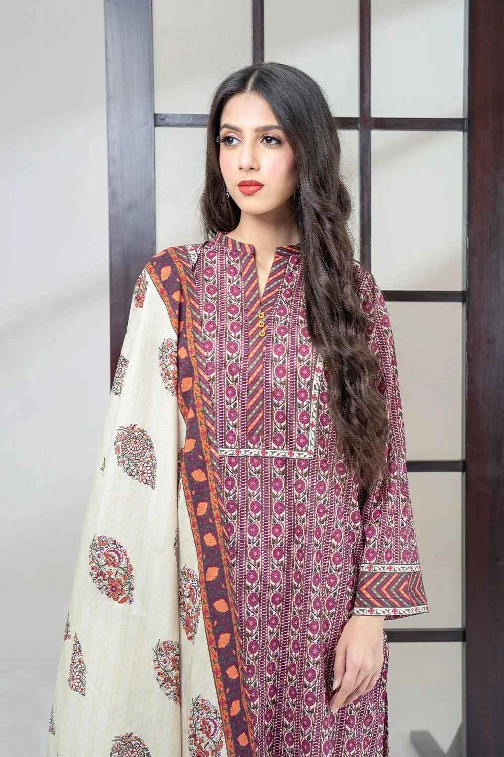 Printed Linen Purple Stitched Suit - Khas