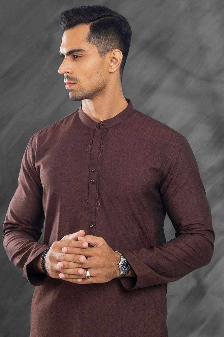 Blended Dark Brown Kurta Trouser- Almirah