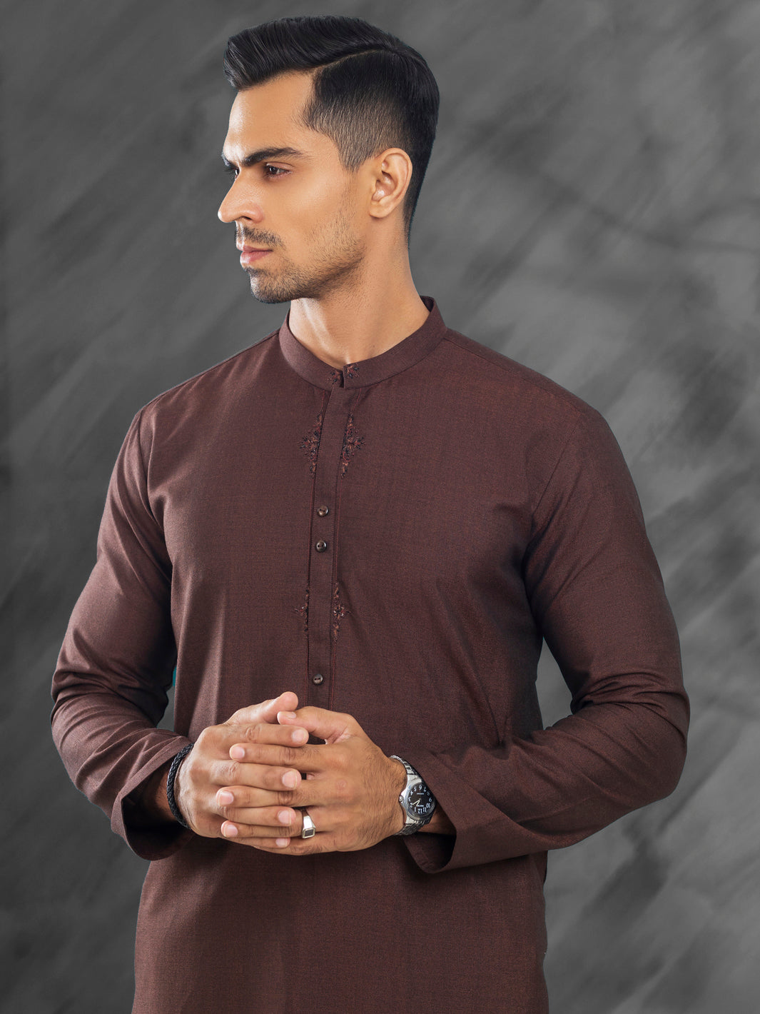 Blended Dark Brown Kurta Trouser- Almirah