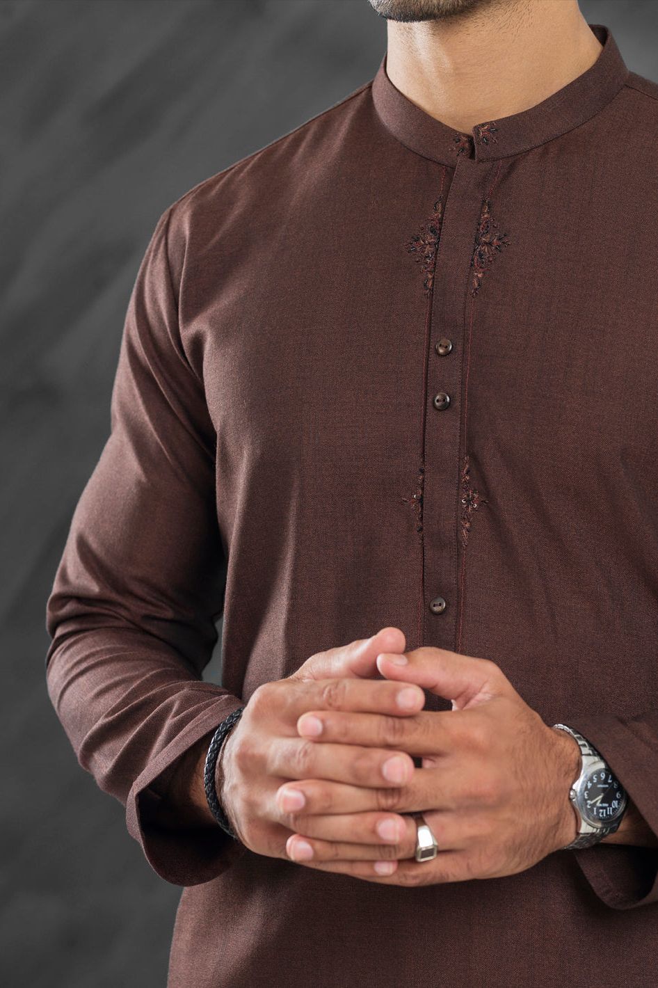 Blended Dark Brown Kurta Trouser- Almirah
