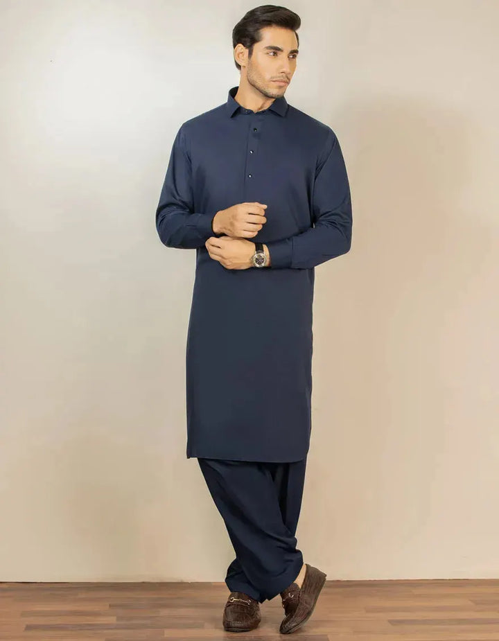 Blended Navy Blue Shalwar Kameez - J. Junaid Jamshed